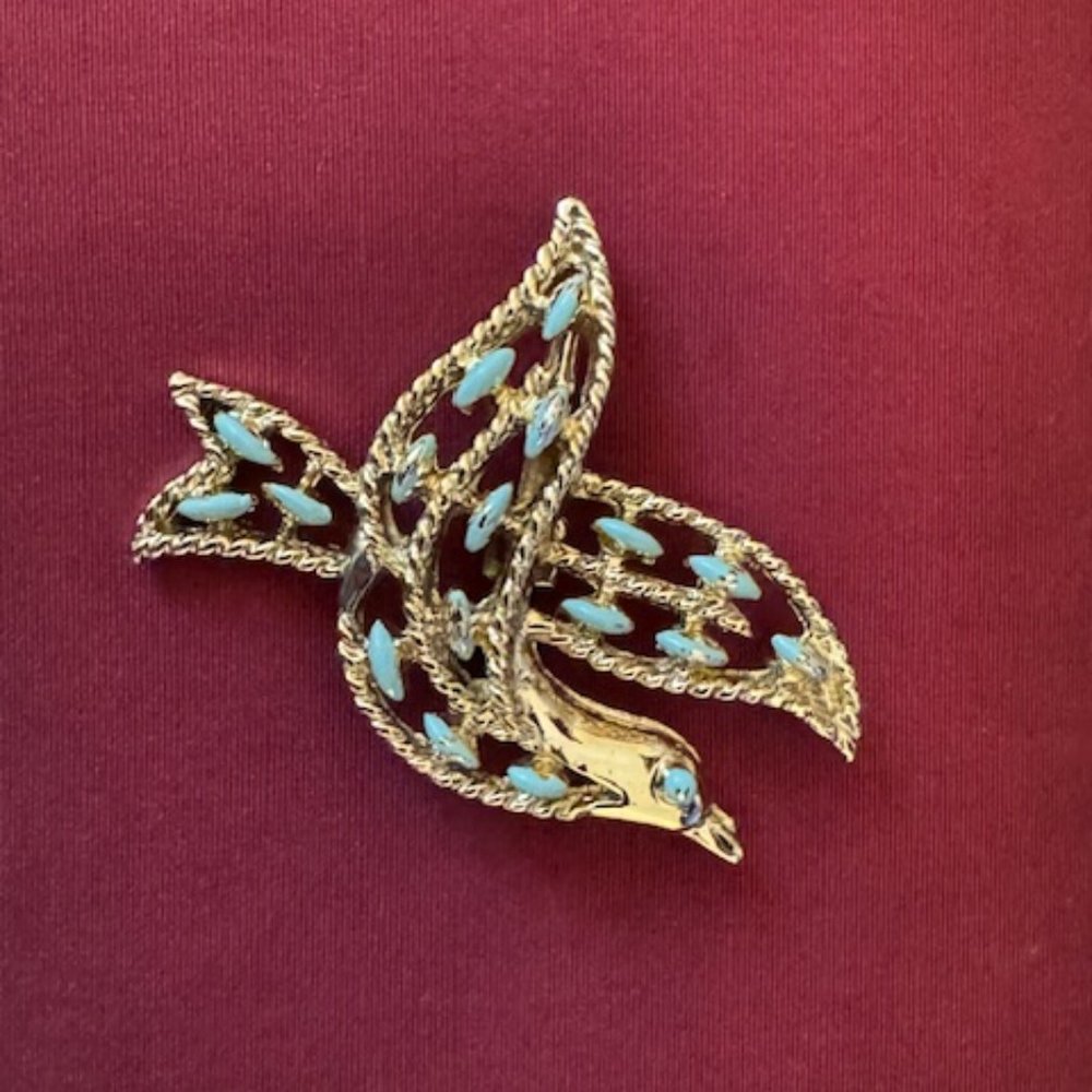 Vintage Gold Tone Turquoise Enamel Dove Brooch Pendant